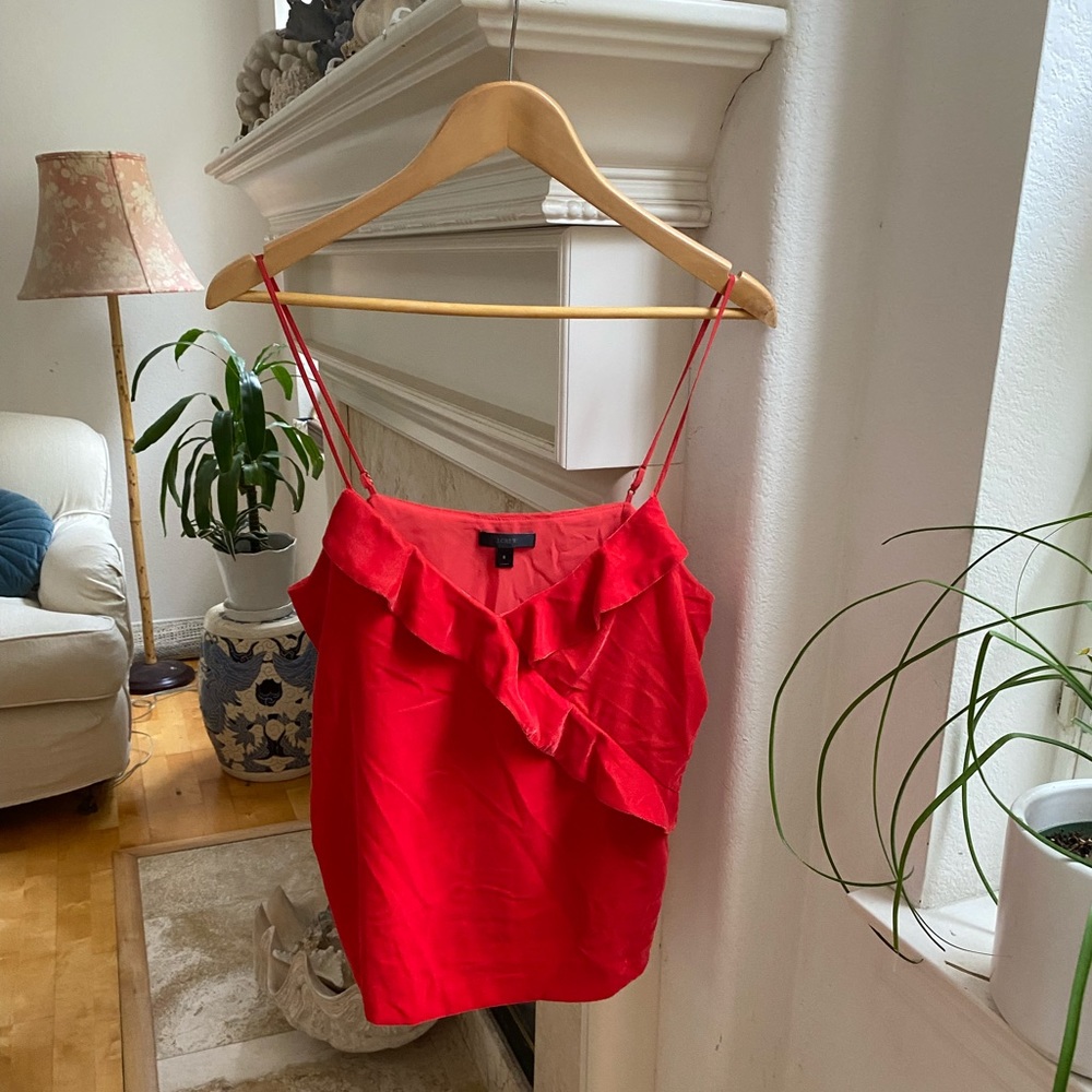 Red J Crew top spaghetti straps velvet lined ruffle detail size S